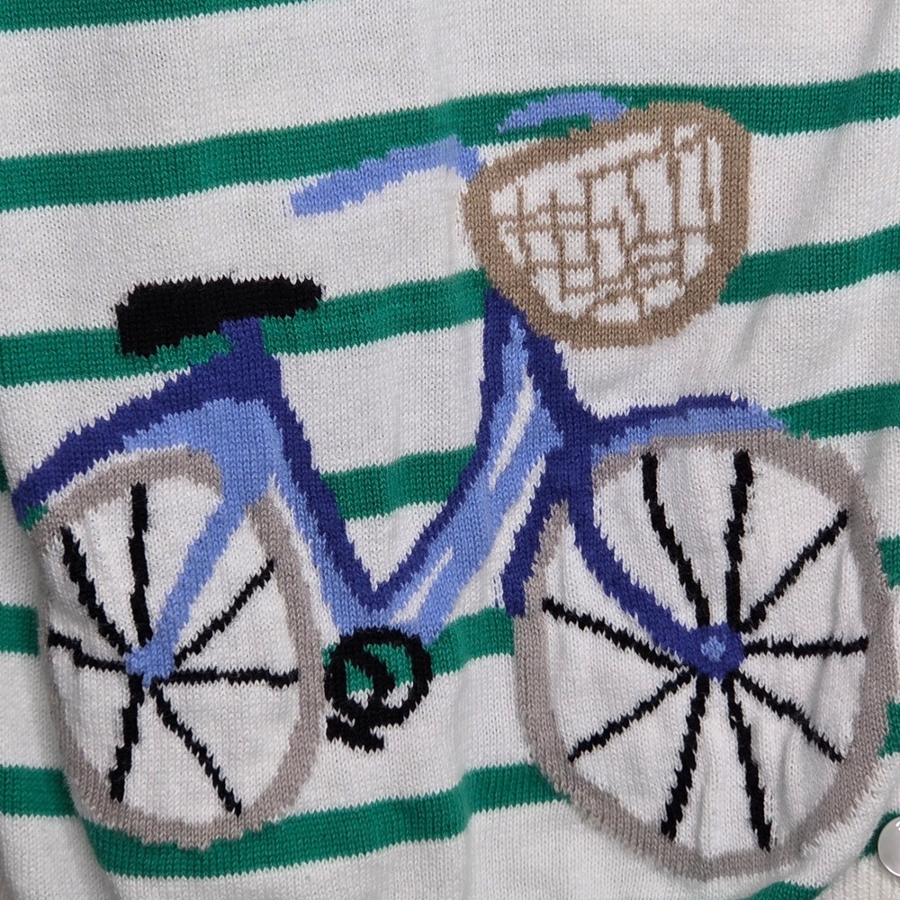 Talbots Green White Striped Cotton Knit Cardigan XL Bicycle Embroidered Preppy - Picture 4 of 12